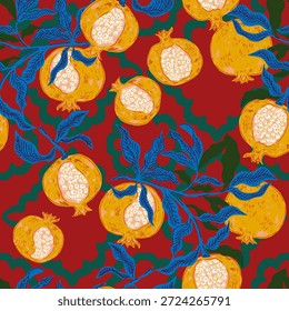 Seamless fruit pattern with pomegranates and leaves. Vintage style, hand drawn, inspired by Mediterranean nature, illustration with sketch elements