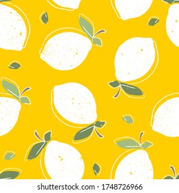 Seamless fruit pattern, print. Cute white sour lemons on yellow background. Cartoon sketch delicious juicy citrus. Great for postcards, stickers, fabric and textile.
