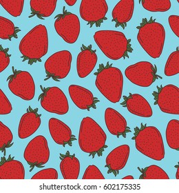   Seamless fruit pattern.  Red strawberries on the blue background.  Vector Illustration.