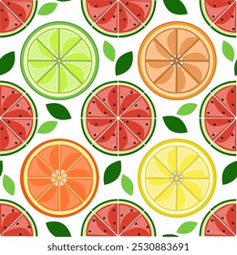 Seamless fruit pattern with slices of watermelon, lime, lemon, grapefruit, and orange. Vector illustration 