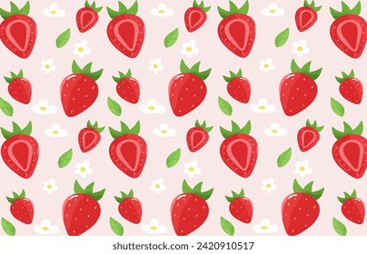 Seamless fruit pattern with strawberry, flowers, strawberry slice. Repeating background with summer fruit on pink. Use for fabric, gift wrap, packaging, wrapping paper, banners, tablecloths