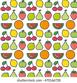 Seamless fruit pattern with strawberry, watermellon, lemon, lime, orange, pear, apple, cherry. For wallpapers, pattern fills, web page backgrounds, surface textures, textile.