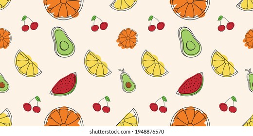 Seamless fruit pattern. Vector illustration with fruits and vegetable. Linear art with orange, lemon, cherry, watermelon and avocado. Colorful background.