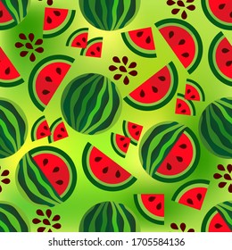 Seamless fruit pattern of watermelons, its slices and seeds on a green background .Vector graphic.