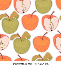 Seamless fruit pattern with whole apples ,halves,leaves green,yellow colors on white.Colorful background for printing on fabric and paper.Vector hand drawn illustration for design card,cover.