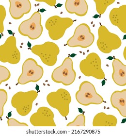 Seamless fruit pattern. Yellow pears and bone. White background. vector texture. fashionable print for textiles and wallpaper.