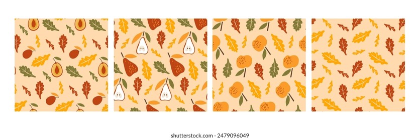 Seamless Fruit patterns, hand drawn doodle Pears, Apples, Plum falling leaves. Thanksgiving, Autumn, Fall print For wrapping paper, festival menu, wallpaper, packaging, textile. Autumn fruit harvest