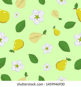 Seamless fruit pears leaves flowers repeat natural food background garden green texture for print, wrapping, textile