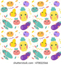 Seamless fruit and vegetable pattern. Fruits, vegetables. Pineapple, apple, plum, pear, tomato, cucumber, orange. Can be used in textiles, as a wrapping paper. Stylish vector, colorful illustration.