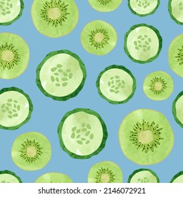 Seamless fruit and vegetable pattern with watercolor kiwi and cucumber slices. Green food background