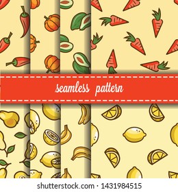 Seamless fruit and vegetables backgrounds set- vector patterns with lemon, pear, avocado, pepper, pumpkin, carrot, banana. Funny fruit. Cute Seamless Patterns.