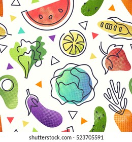 Seamless Fruit And Vegetables Vegetarian Food Pattern, Vector Vegan Bright Color Background