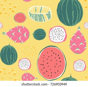 Seamless fruit and vegetables vegetarian food pattern, vector vegan yellow color background.