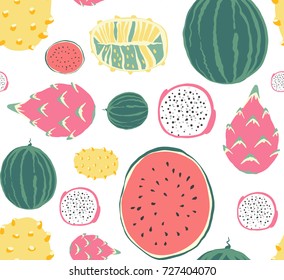 Seamless fruit and vegetables vegetarian food pattern, vector vegan white color background.