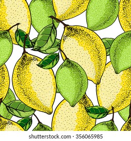 Seamless fruits background with lemon  and lime. Hand drawn vector illustration.