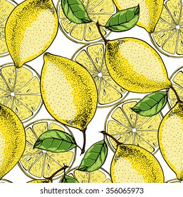 Seamless fruits background with lemon  and lemon slice. Hand drawn vector illustration.