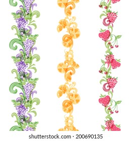 Seamless fruits borders. Vertical borders for your design. Grape, raspberry, cherry, orange and strawberry.