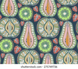 Seamless fruits pattern. Abstract background with fruits. Healthy food texture. Vector illustration