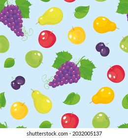 Seamless fruits pattern with apples, pears, plumps, grapes branches and leaves. Vector illustration, cartoon, wallpaper, texture, background for textile, fabric, packaging