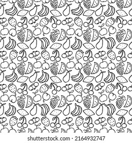 Seamless fruits pattern. Black and white doodle fruits pattern. Fruits background