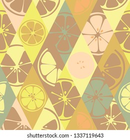 Seamless fruits pattern with colorful hand drawn citrus. Vector background