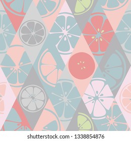 Seamless fruits pattern with colorful hand drawn citrus. Vector background