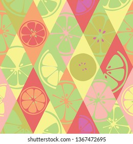 Seamless fruits pattern with colorful hand drawn citrus. Vector background