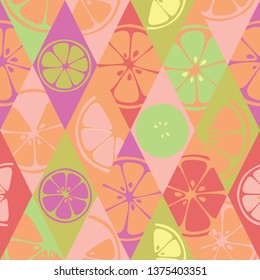 Seamless fruits pattern with colorful hand drawn citrus. Vector background