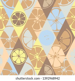 Seamless fruits pattern with colorful hand drawn citrus. Vector background