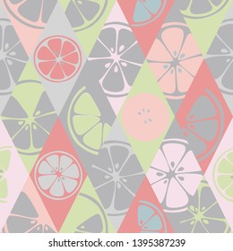 Seamless fruits pattern with colorful hand drawn citrus. Vector background