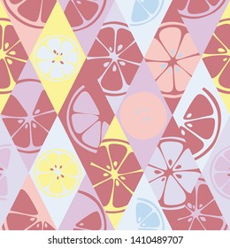 Seamless fruits pattern with colorful hand drawn citrus. Vector background