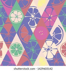 Seamless fruits pattern with colorful hand drawn citrus. Vector background