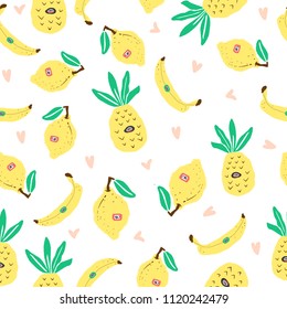 Seamless fruits pattern. Cute pineapple, banana, lemon pattern.
