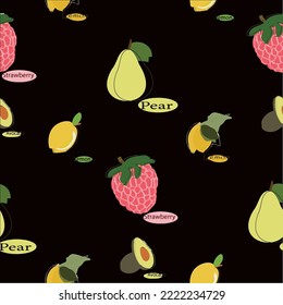 Patrón de frutos sin foco. Diferentes frutas con nombres. Letras e imagen. Papel de escritorio, papel envolvente, textil. Fondo negro.