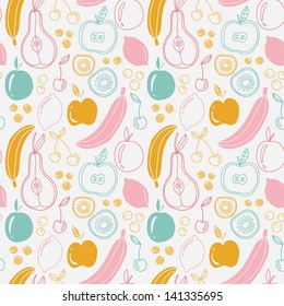 Seamless fruits pattern. Ecological concept design. Abstract background with fruits. Healthy food texture. Eco friendly pattern. Vector illustration