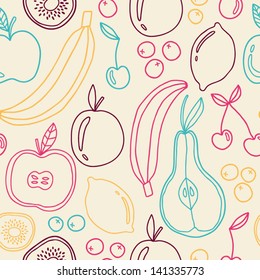 Seamless fruits pattern. Ecological concept design. Abstract background with fruits. Healthy food texture. Eco friendly pattern. Vector illustration