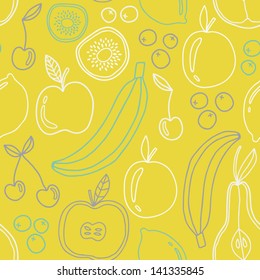 Seamless fruits pattern. Ecological concept design. Abstract background with fruits. Healthy food texture. Eco friendly pattern. Vector illustration