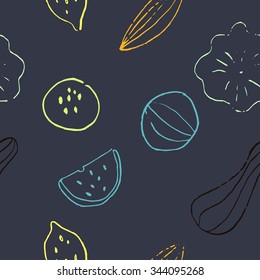 Seamless fruits pattern. Ecological concept design. Abstract background with fruits. Healthy food texture. Eco friendly pattern. Vector illustration