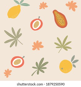 Patrón de frutos sin foco. Hojas dibujadas a mano y fruta.