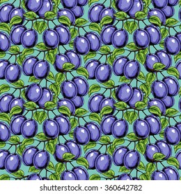 Seamless Fruits pattern with hand drawn plums. Vector illustration.