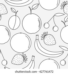 Seamless fruits pattern. line art. Thin lines. Abstract background with fruits. Healthy food texture. Vector illustration