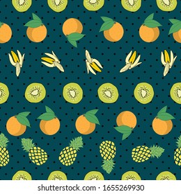 Seamless fruits pattern on green background and polka dots