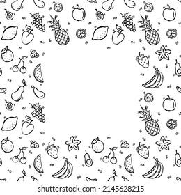 Seamless fruits pattern with place for text. Doodle vector with fruits icons on white background. Vintage fruits illustration, sweet elements background for your project, menu, cafe shop