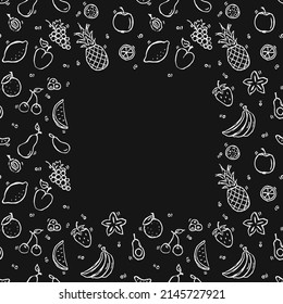 Seamless fruits pattern with place for text. Doodle vector with fruits icons on black background. Vintage fruits illustration, sweet elements background for your project, menu, cafe shop