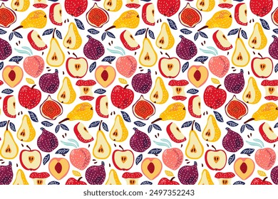 Patrón de frutas sin fisuras. Manzanas rojas, peras amarillas, higos morados, melocotón rosado. Frutas enteras y frutas en rodajas. Ilustración vectorial dibujada a mano. Plantilla repetida para textiles, envolturas, Fondo de pantalla, chatarra