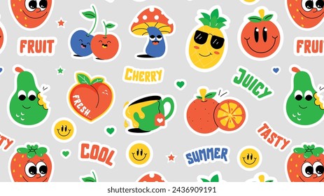 Patrón de frutas sin costuras que simboliza una variedad de bayas lindas, alimentos orgánicos, bebidas y otras cosas tropicales