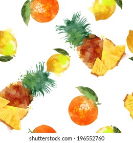 seamless fruits texture pattern of lemon, orange and pineapple on a white background 