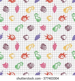 Seamless fruits vector pattern, background with strawberries, pomegranates, pears and blackberries. Hand sketch drawing. Imitation of ink drawing. Series of Fruits and Hand Drawn Patterns.