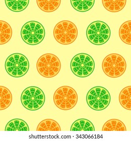 Seamless fruits vector pattern, bright colorful background with oranges and limes over light backdrop