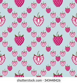 Seamless fruits vector pattern, bright geometric background with raspberries, whole and half, over blue backdrop
